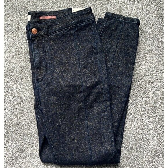 Pilcro Anthropologie Sz 26 High Rise Dark Blue Denim Gold Shimmer Legging Jeans - Picture 7 of 12